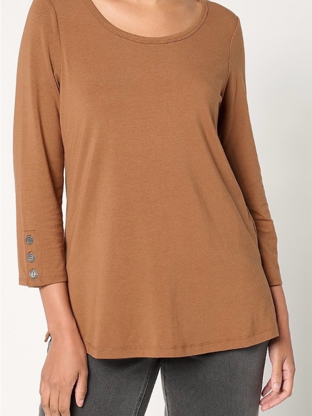 Susan Graver Camel Scoop Neck Long Sleeve Top with Cuff Buttons